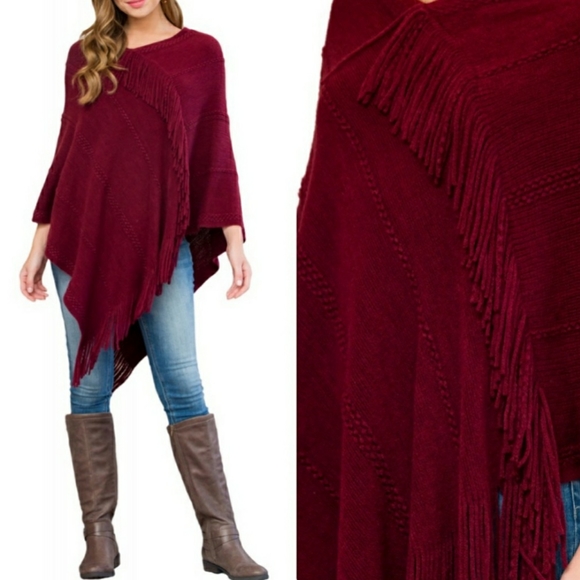 Wine Red Poncho w/ Tassles - Picture 1 of 4